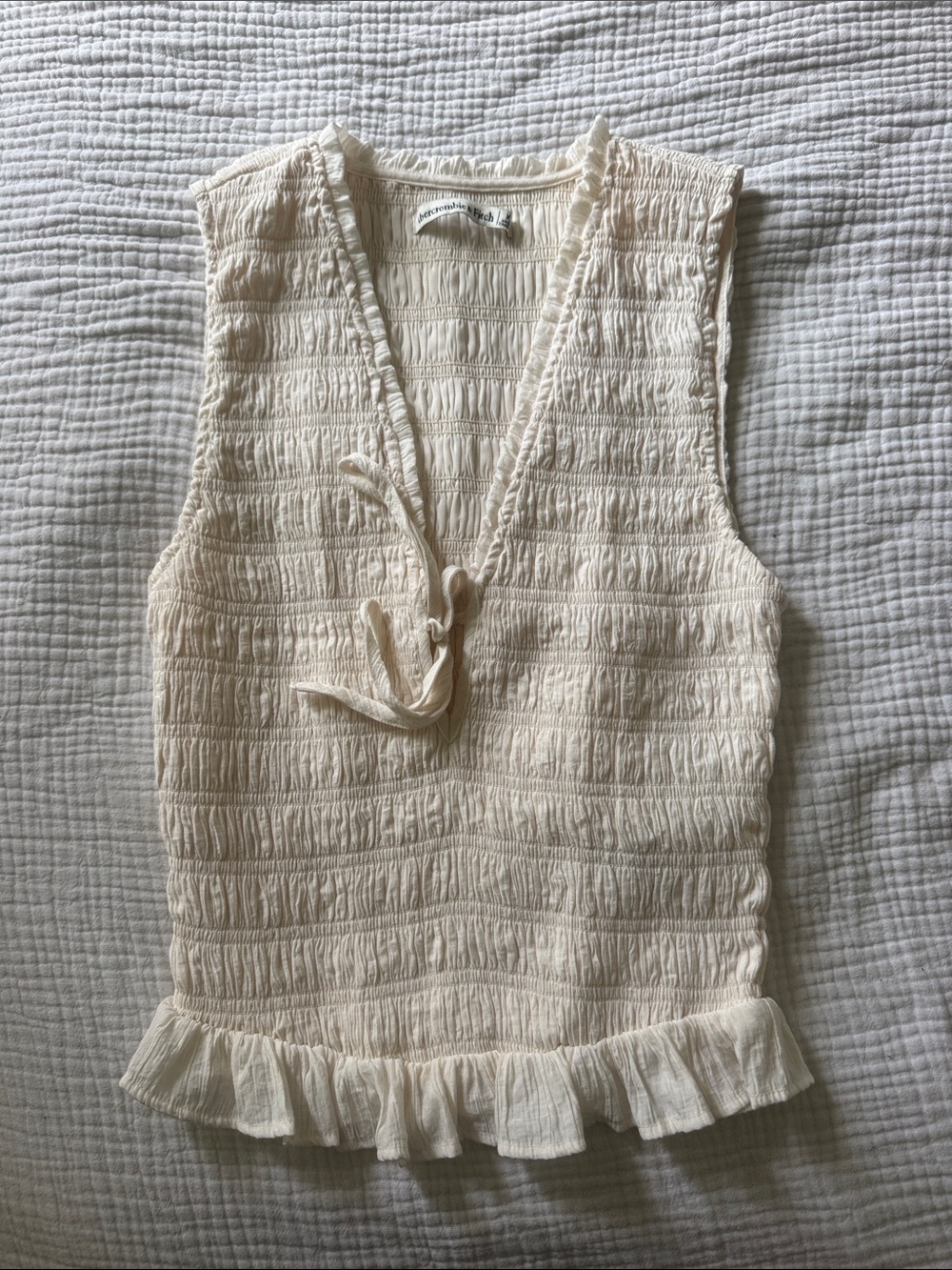 Abercrombie & Fitch Cream Crinkle Tie-Front Ruffle Tank